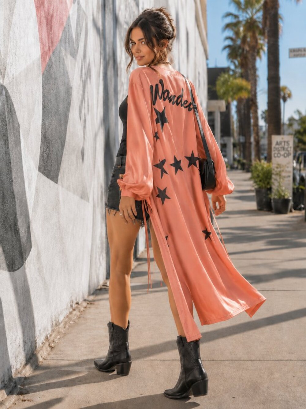J.ING Wonder Star Print Satin Wrap Maxi Robe Duster Kimono